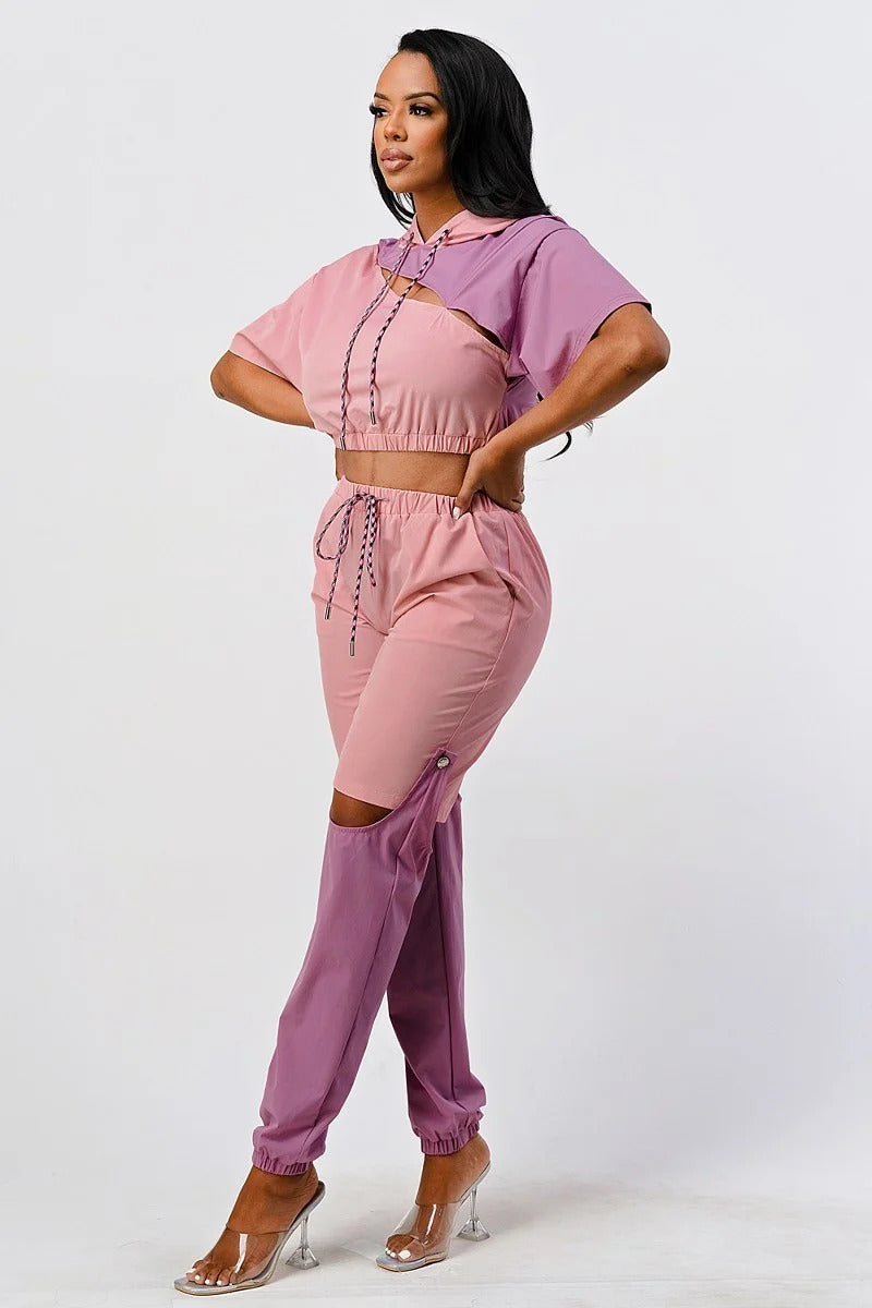 Casual mauve 2 piece Color Block With Hoodie Top And detachable pant set_ Matching Sets jehouze