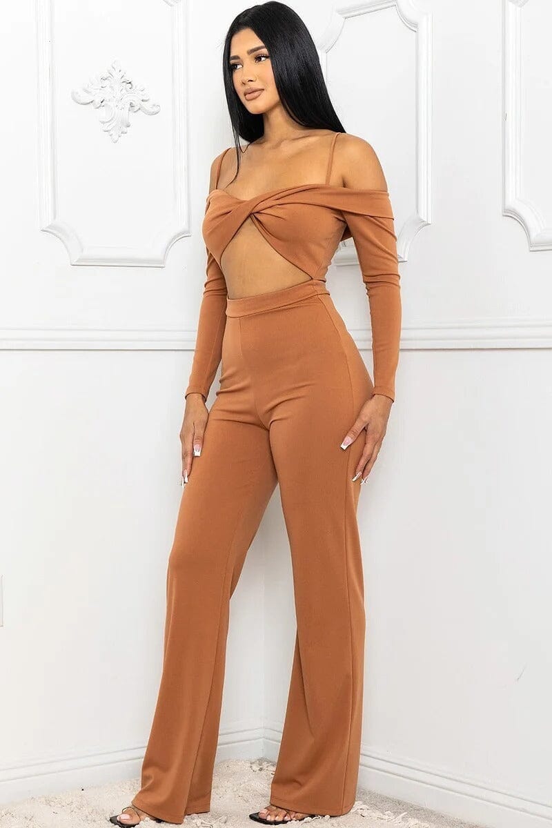Cinnamon Brown Spaghetti Shoulder Strap Cutout Jumpsuit_ jehouze