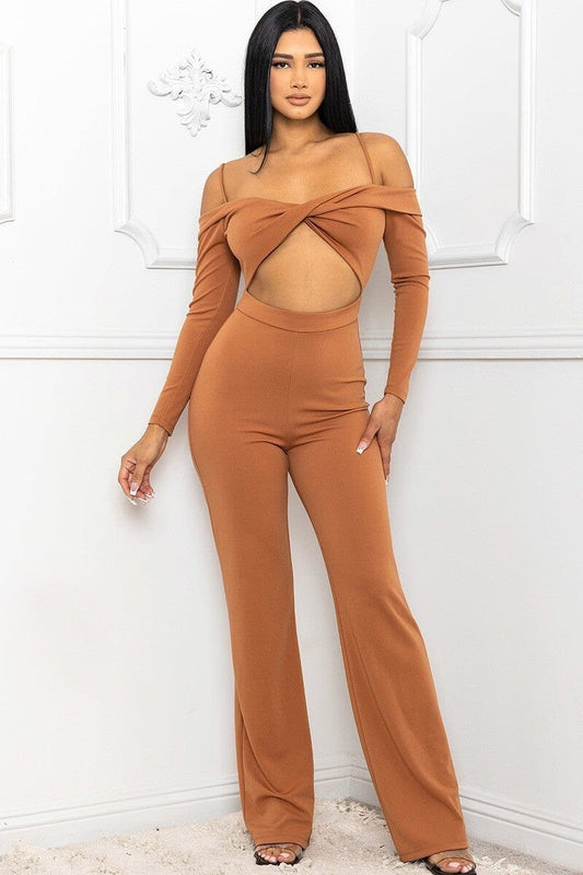 Cinnamon Brown Spaghetti Shoulder Strap Cutout Jumpsuit_ jehouze