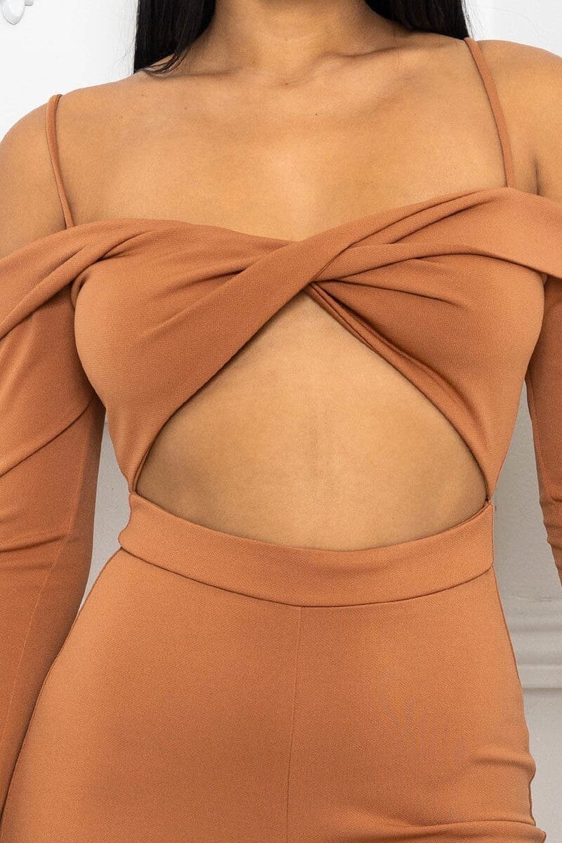 Cinnamon Brown Spaghetti Shoulder Strap Cutout Jumpsuit_ jehouze