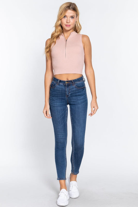 Cloud Pink Summer Zipper Knit Sleeveless Rib Sweater Tank Crop Top Shirts & Tops jehouze