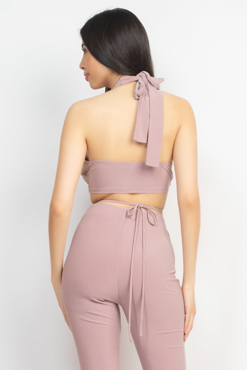 Coco Purple Solid Halter Top And Elastic Leggings Set_ Matching Sets jehouze