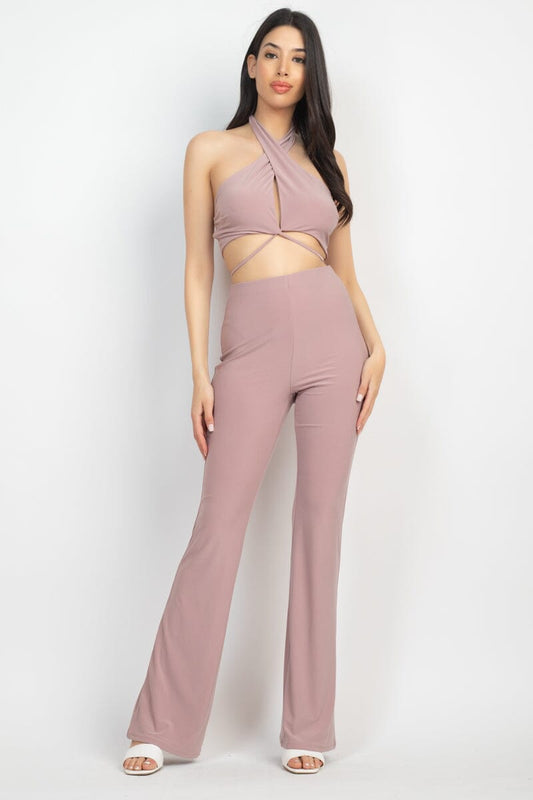 Coco Purple Solid Halter Top And Elastic Leggings Set_ Matching Sets jehouze