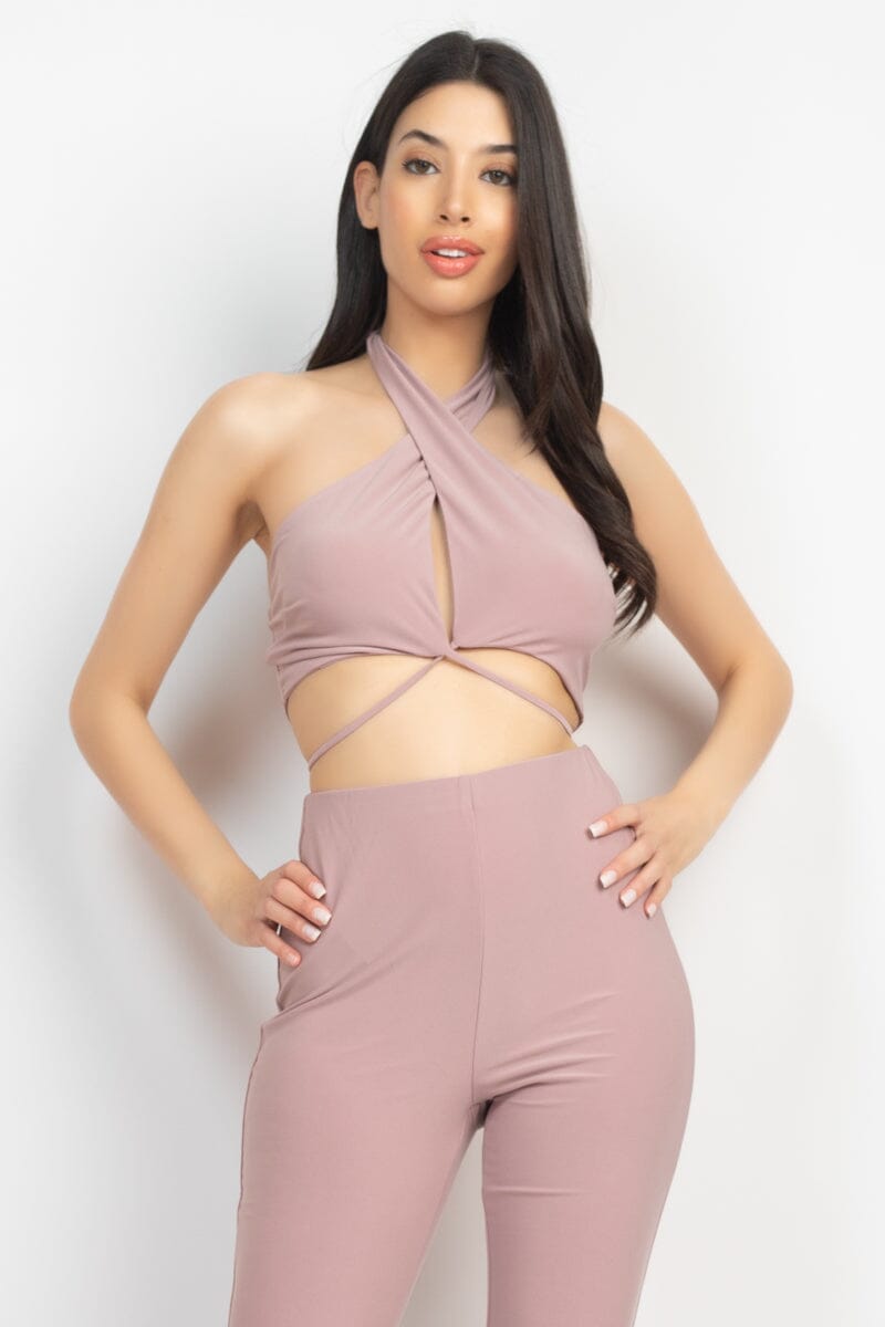 Coco Purple Solid Halter Top And Elastic Leggings Set_ Matching Sets jehouze