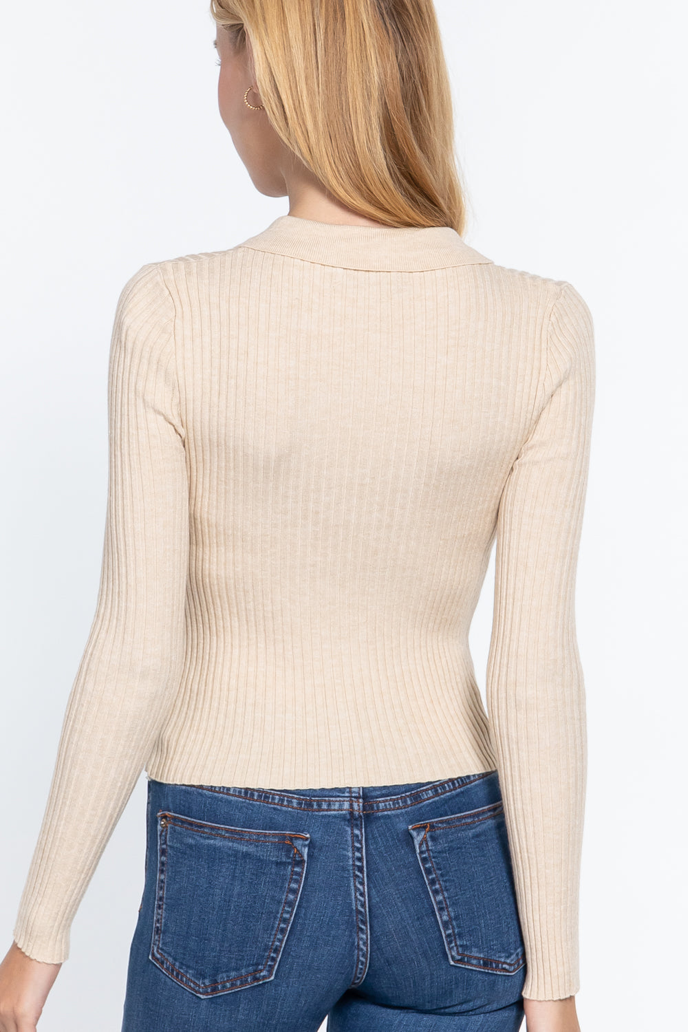 Cream Beige Notched Collar Front Zip Long Sleeve Slim Fit Stretchy Knit Sweater Top_ Shirts & Tops jehouze