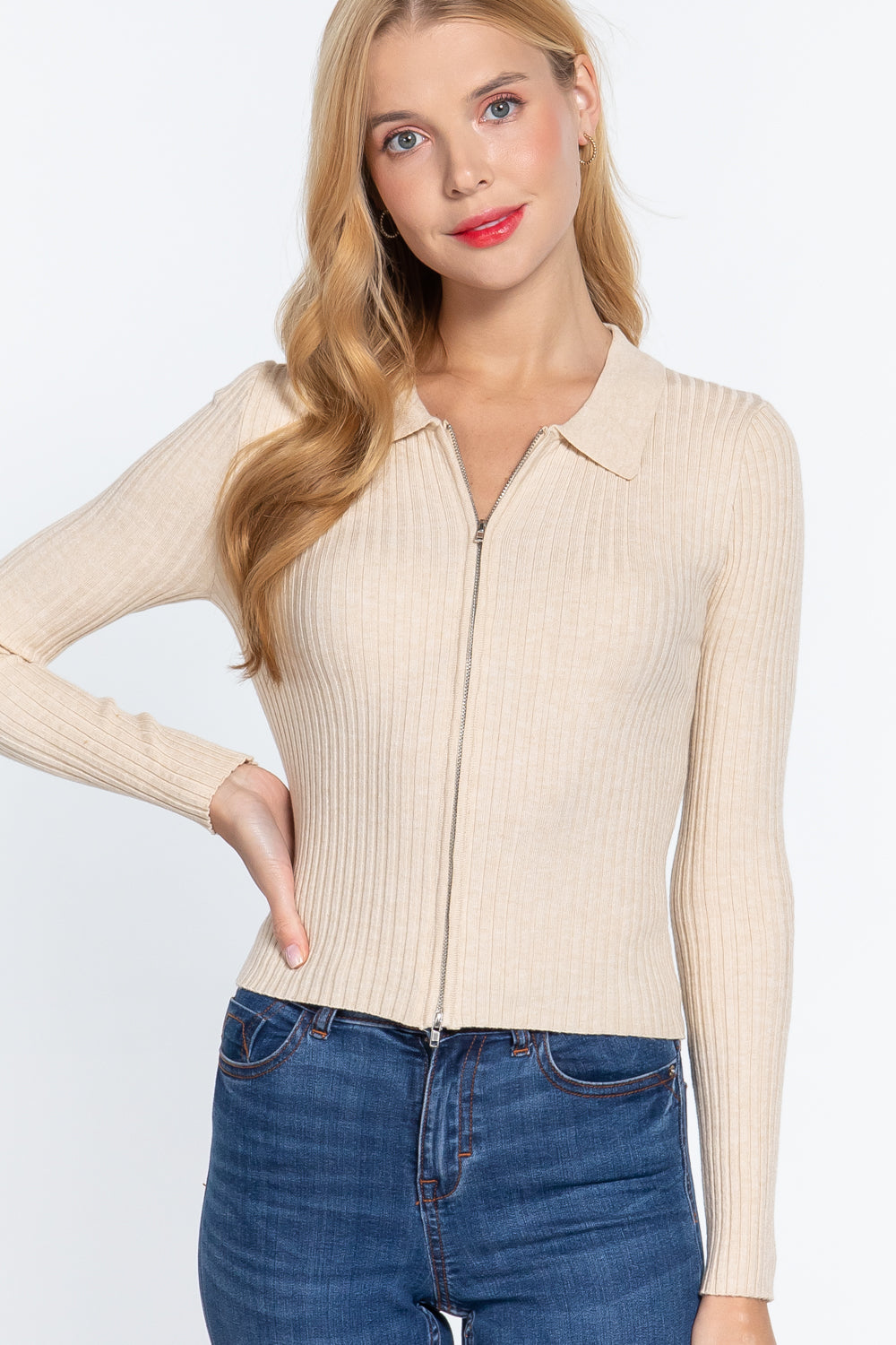 Cream Beige Notched Collar Front Zip Long Sleeve Slim Fit Stretchy Knit Sweater Top_ Shirts & Tops jehouze