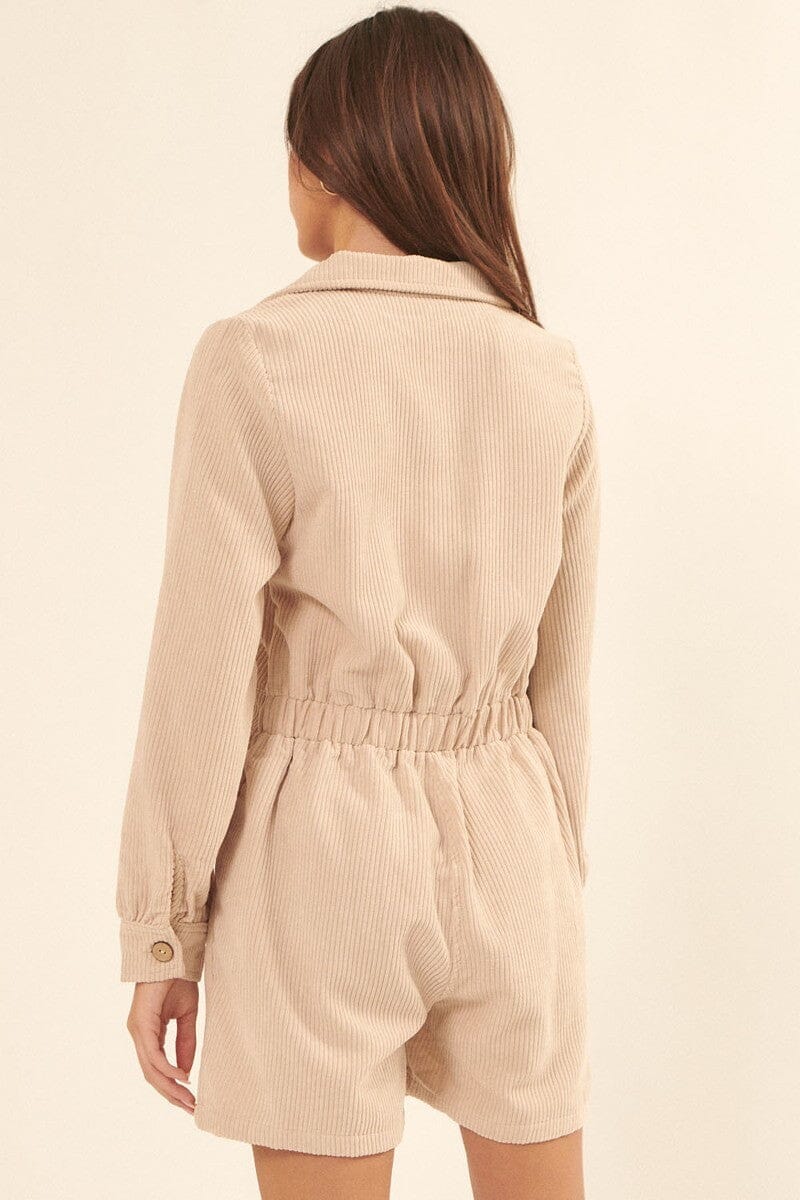 Cream Beige Woven Corduroy Lapel Collar Elastic Waist Long Sleeves Side Pocket Relaxed Fit Romper_ jehouze