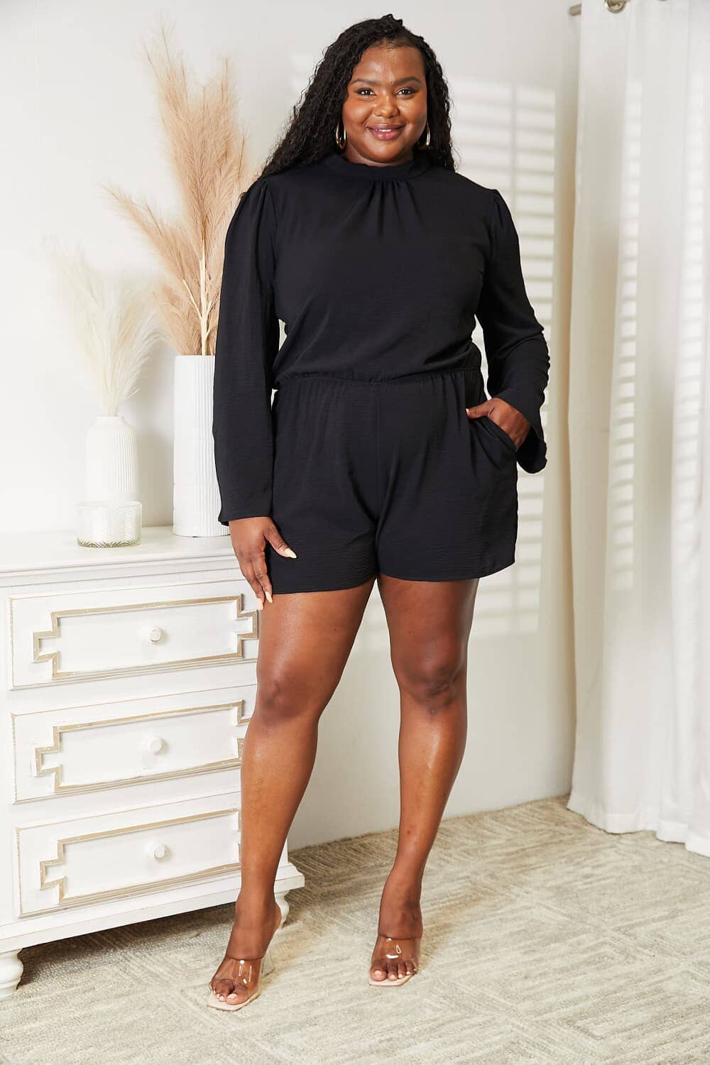 Culture Code Black Open Back Romper with Pockets Jumpsuits & Rompers jehouze 