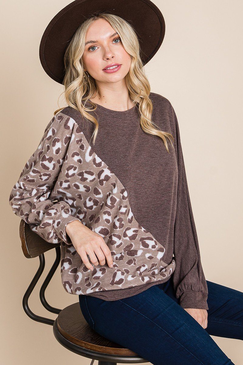 Cute Animal French Terry Brush Contrast Print Pullover With Cuff Detail_ Shirts & Tops jehouze