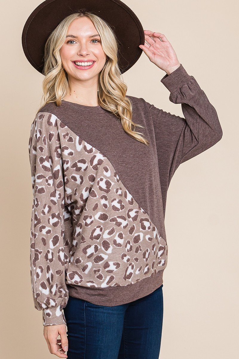 Cute Animal French Terry Brush Contrast Print Pullover With Cuff Detail_ Shirts & Tops jehouze