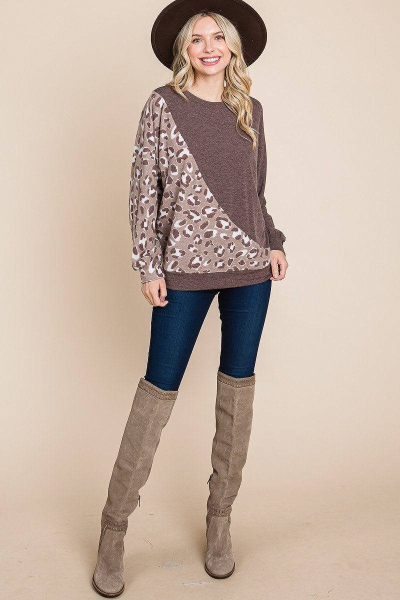 Cute Animal French Terry Brush Contrast Print Pullover With Cuff Detail_ Shirts & Tops jehouze