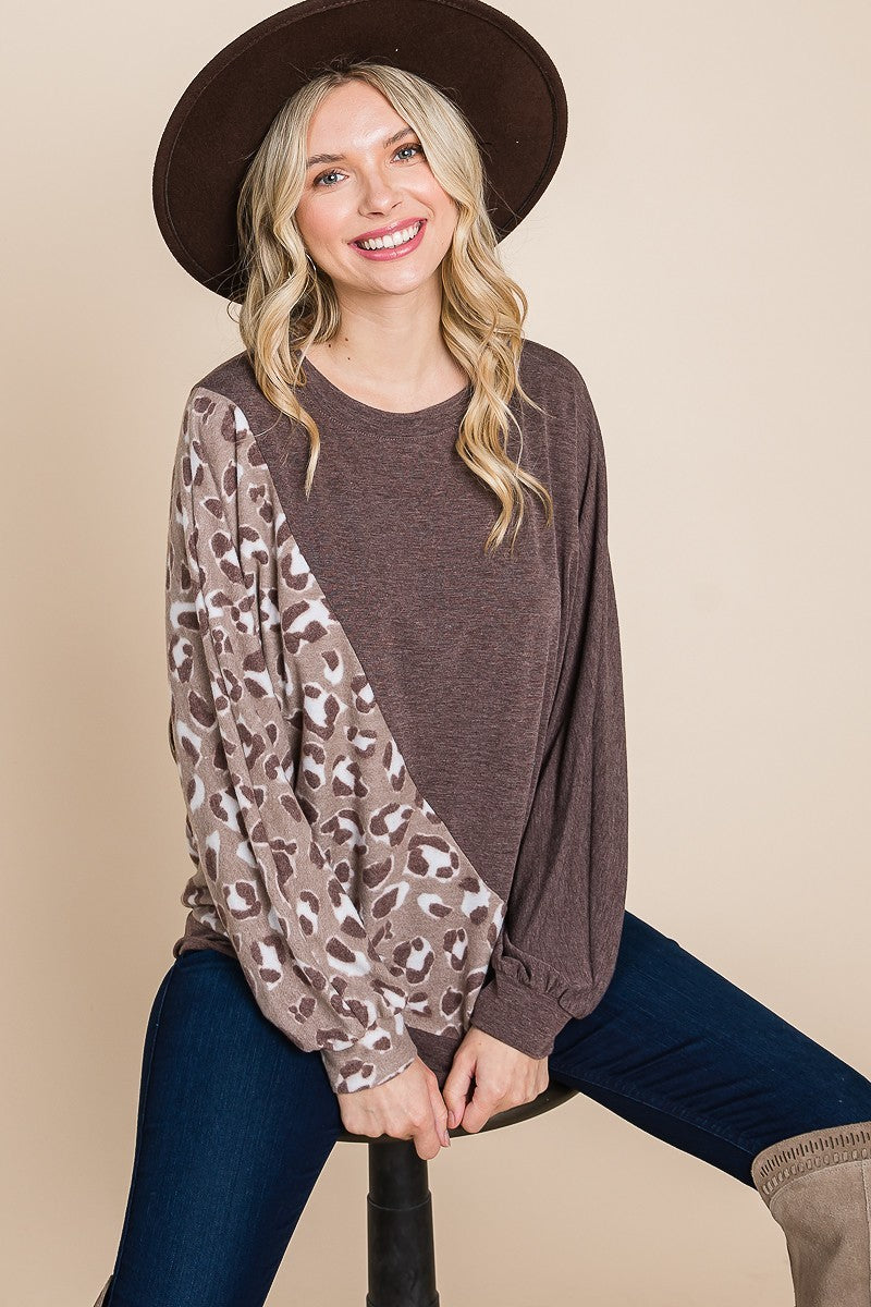 Cute Animal French Terry Brush Contrast Print Pullover With Cuff Detail_ Shirts & Tops jehouze