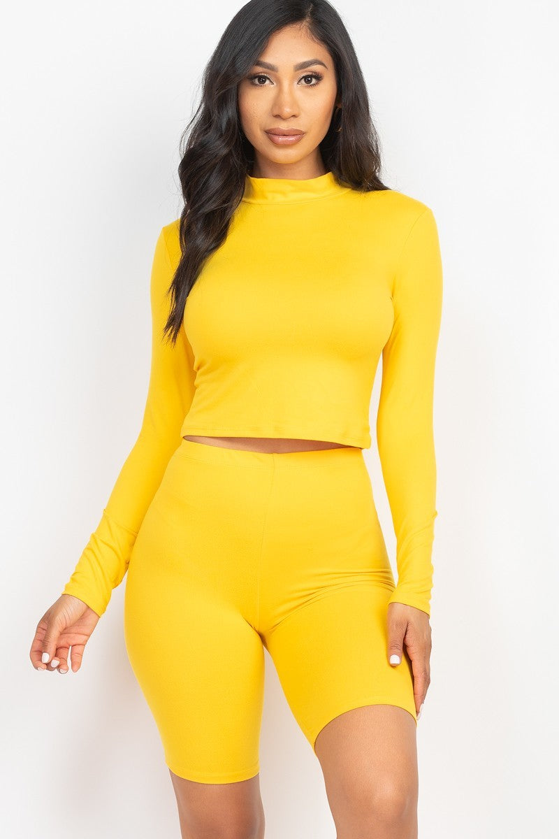 Daylily Yellow 2pcs Mock Neck Long Sleeve Top & Biker Shorts Activewear Set jehouze