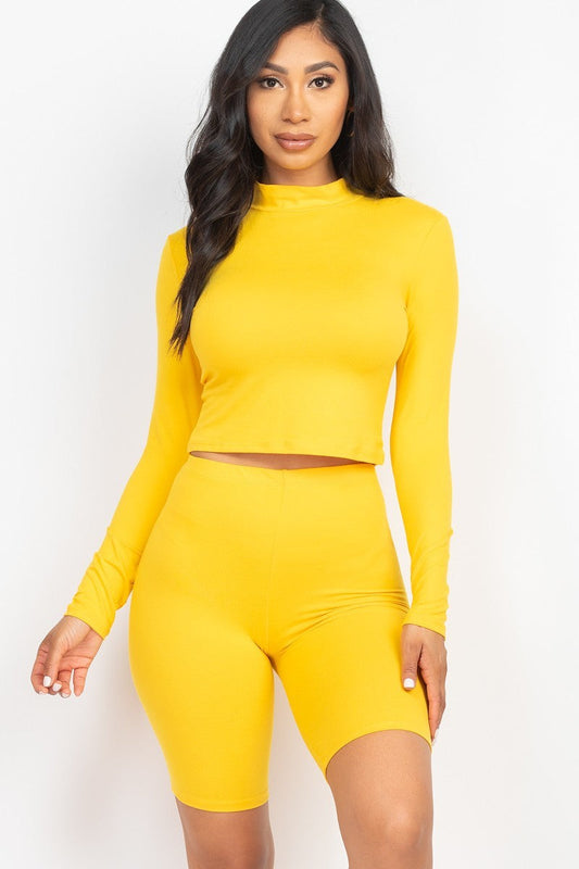Daylily Yellow 2pcs Mock Neck Long Sleeve Top & Biker Shorts Activewear Set jehouze