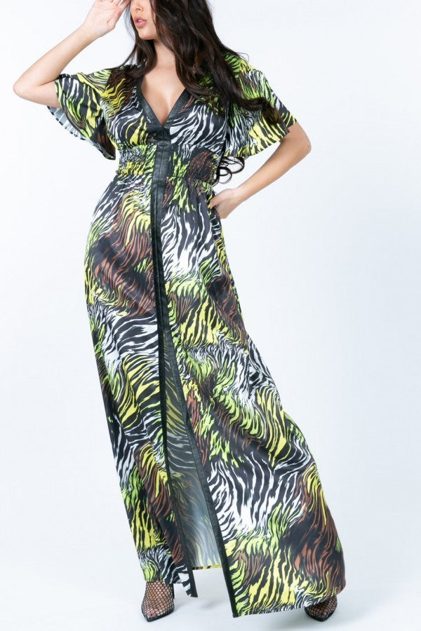 Deep V Neck Slit Zebra Print Long Dress Dresses jehouze