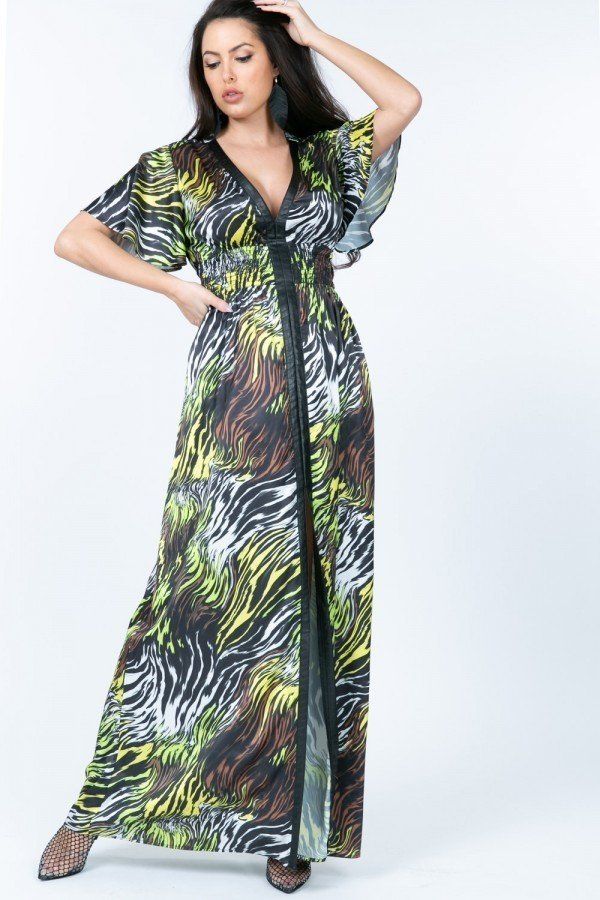 neon zebra print dress Dresses | Neon Green Zebra Print V Neck Short Sleeve Midi Maxi Dress Pockets