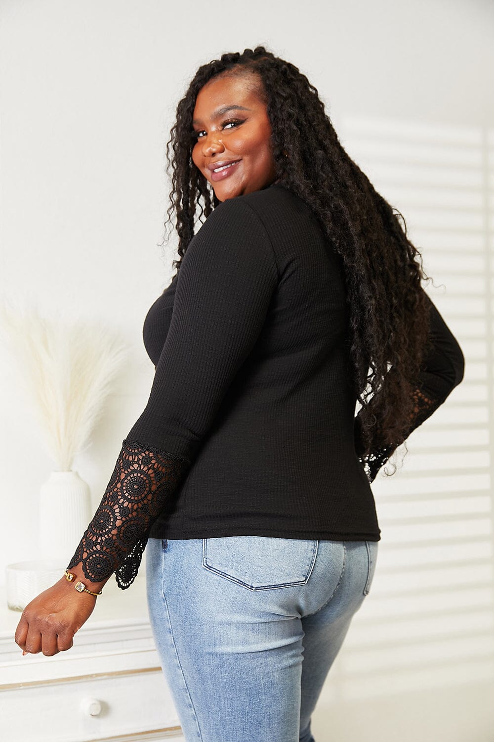 Double Take Black Crochet Lace Hem Sleeve Button Top Shirts & Tops jehouze