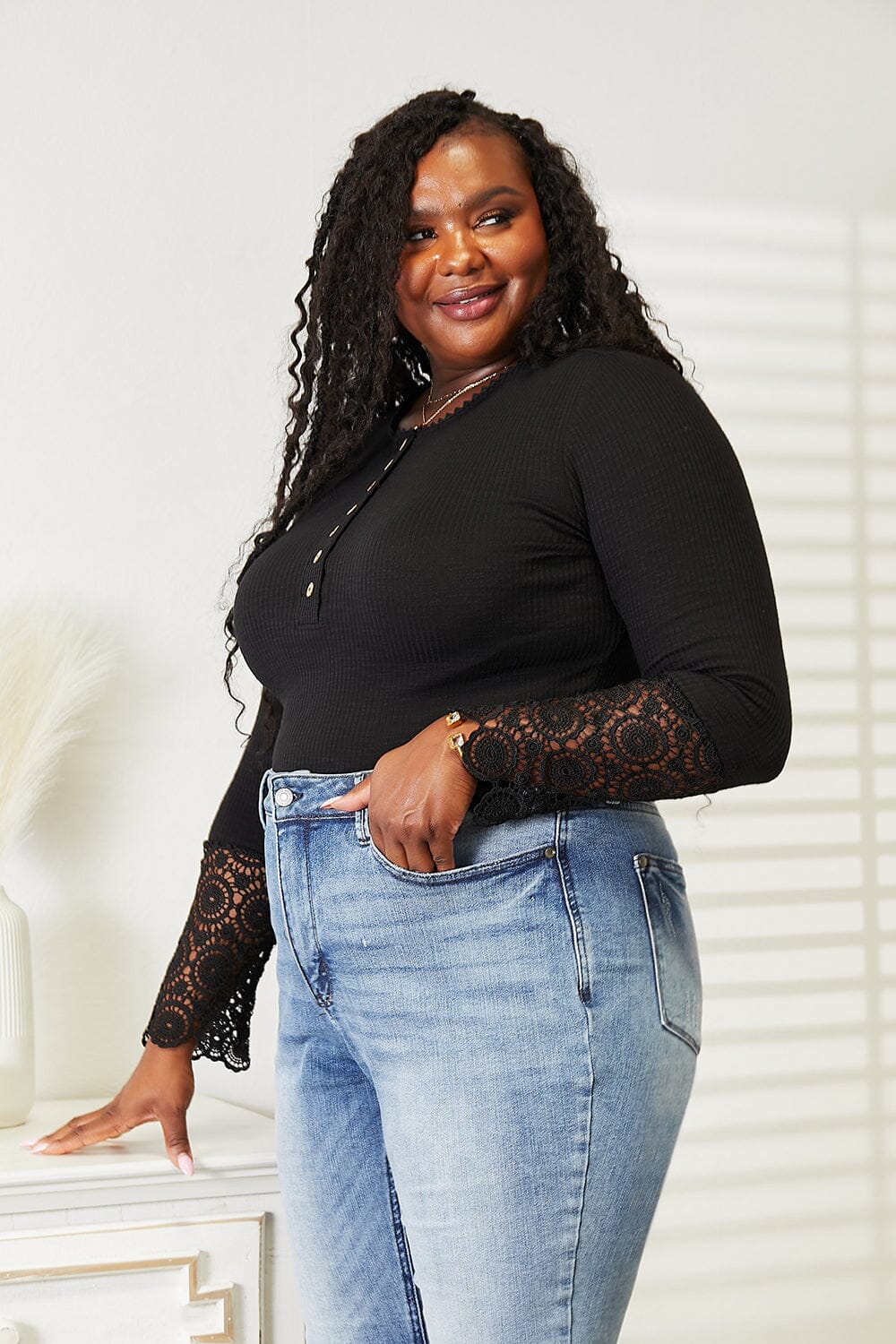 Double Take Black Crochet Lace Hem Sleeve Button Top Shirts & Tops jehouze