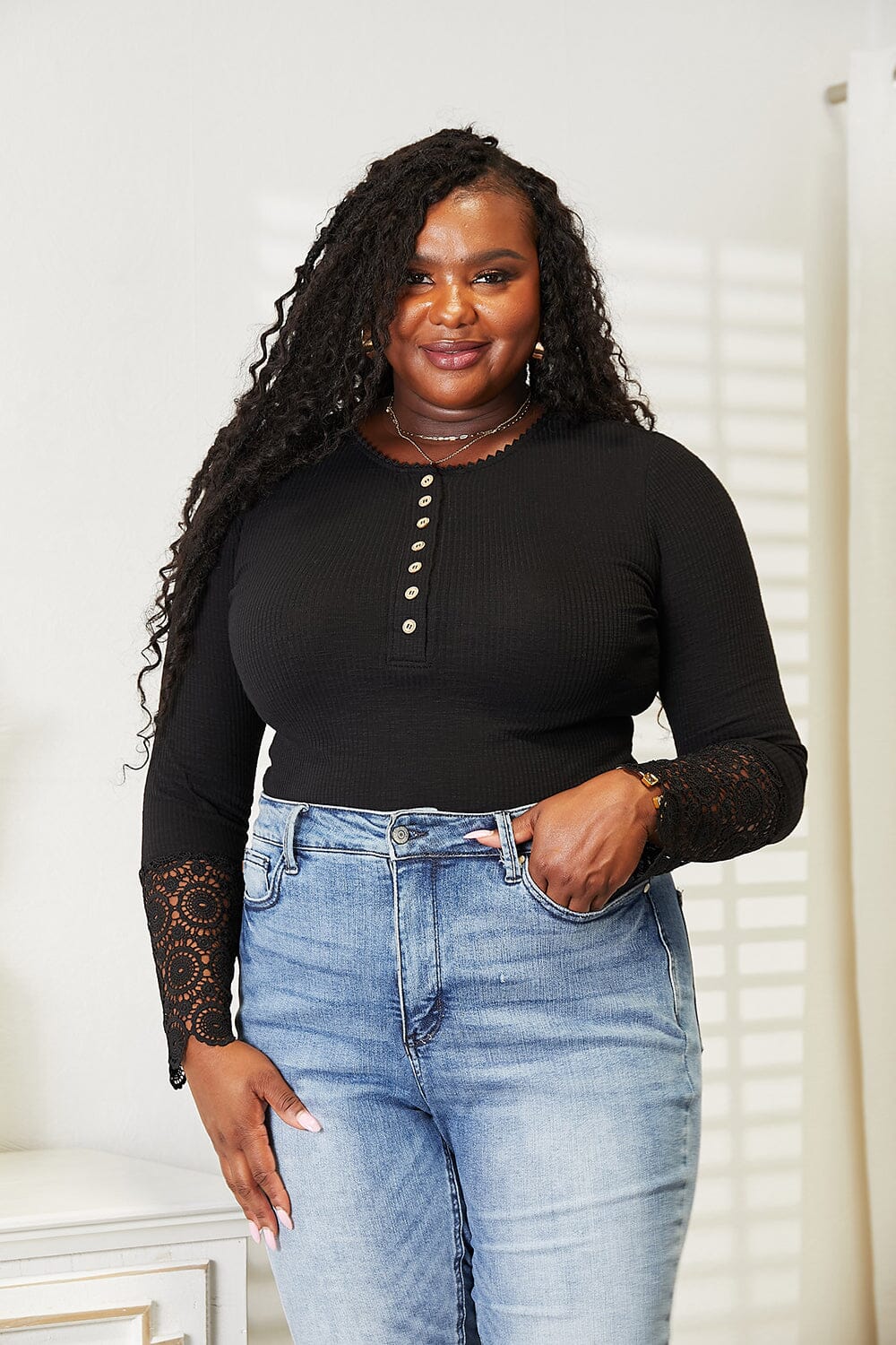 Double Take Black Crochet Lace Hem Sleeve Button Top Shirts & Tops jehouze Black S