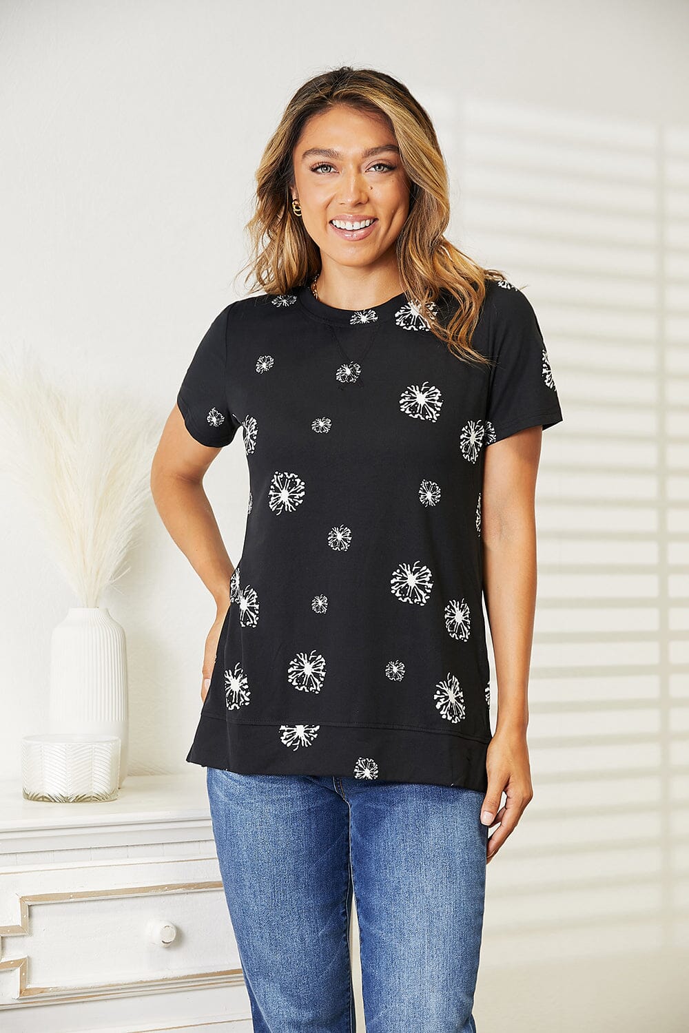 Double Take Black Dandelion Print Round Neck T-Shirt Top Shirts & Tops jehouze