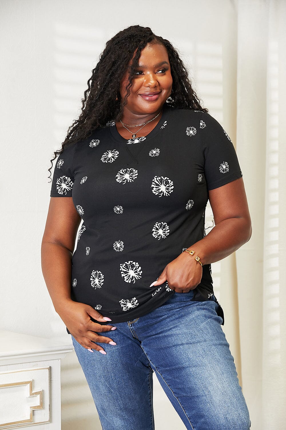 Double Take Black Dandelion Print Round Neck T-Shirt Top Shirts & Tops jehouze