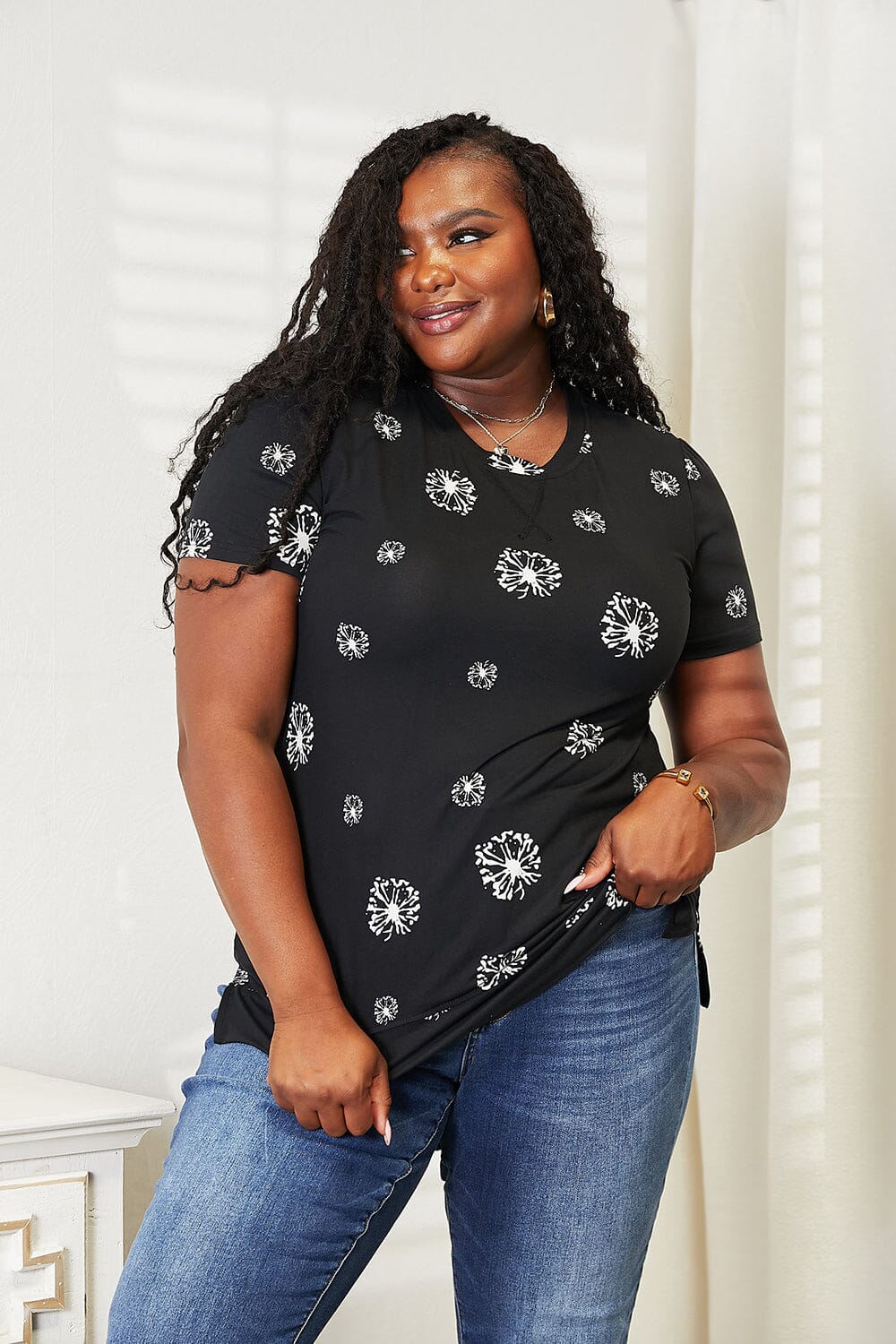 Double Take Black Dandelion Print Round Neck T-Shirt Top Shirts & Tops jehouze Black S