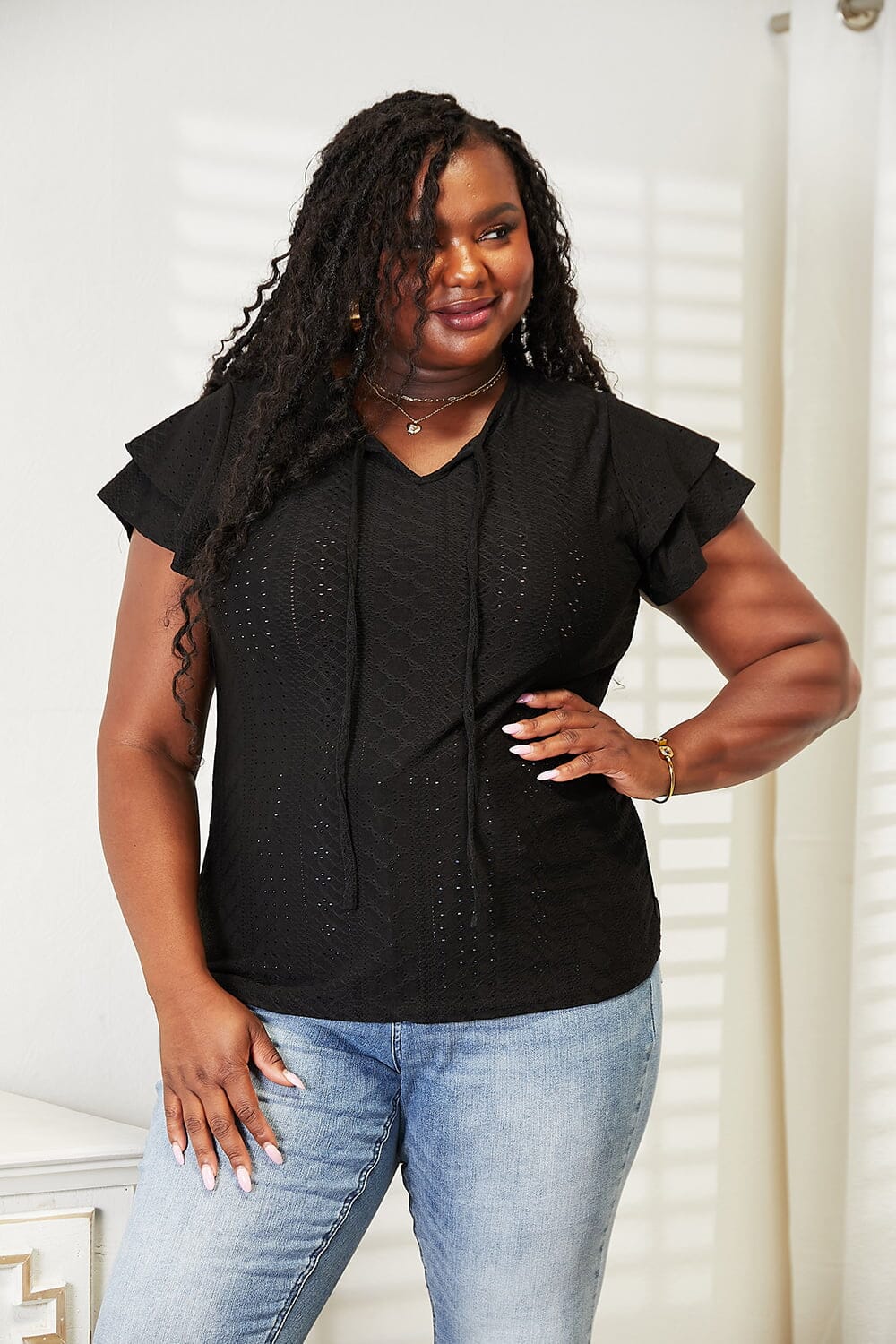 Double Take Black Eyelet Tie-Neck Flutter Sleeve Blouse Top Shirts & Tops jehouze