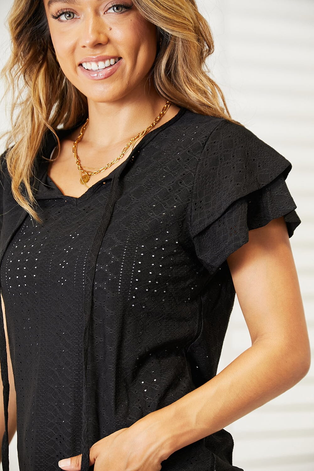 Double Take Black Eyelet Tie-Neck Flutter Sleeve Blouse Top Shirts & Tops jehouze
