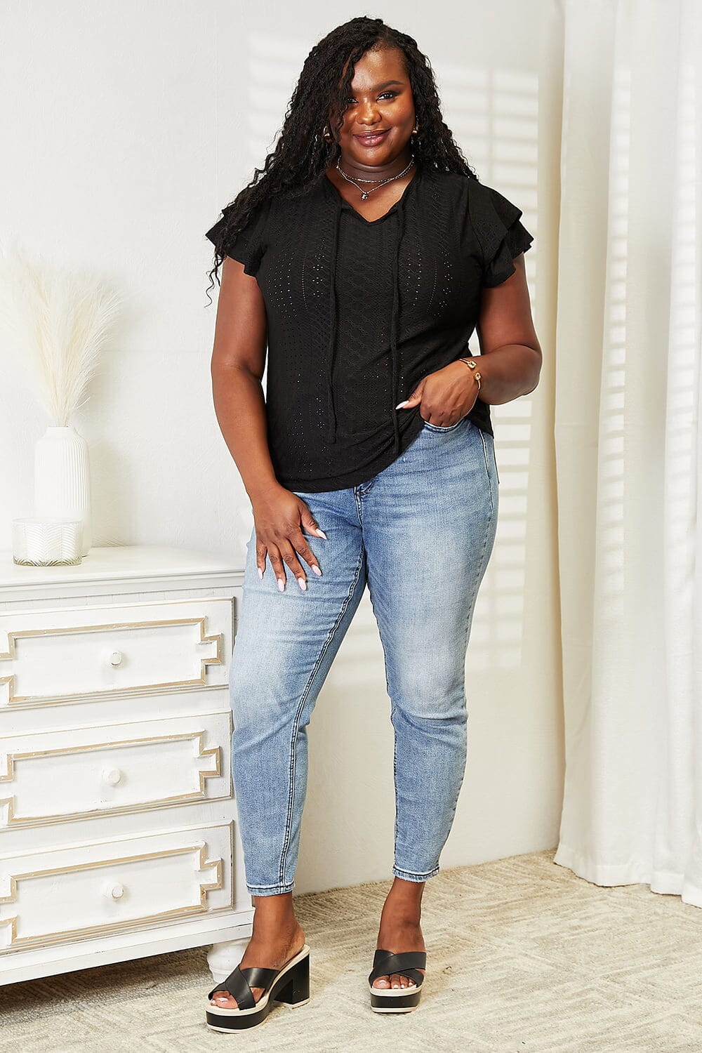Double Take Black Eyelet Tie-Neck Flutter Sleeve Blouse Top Shirts & Tops jehouze