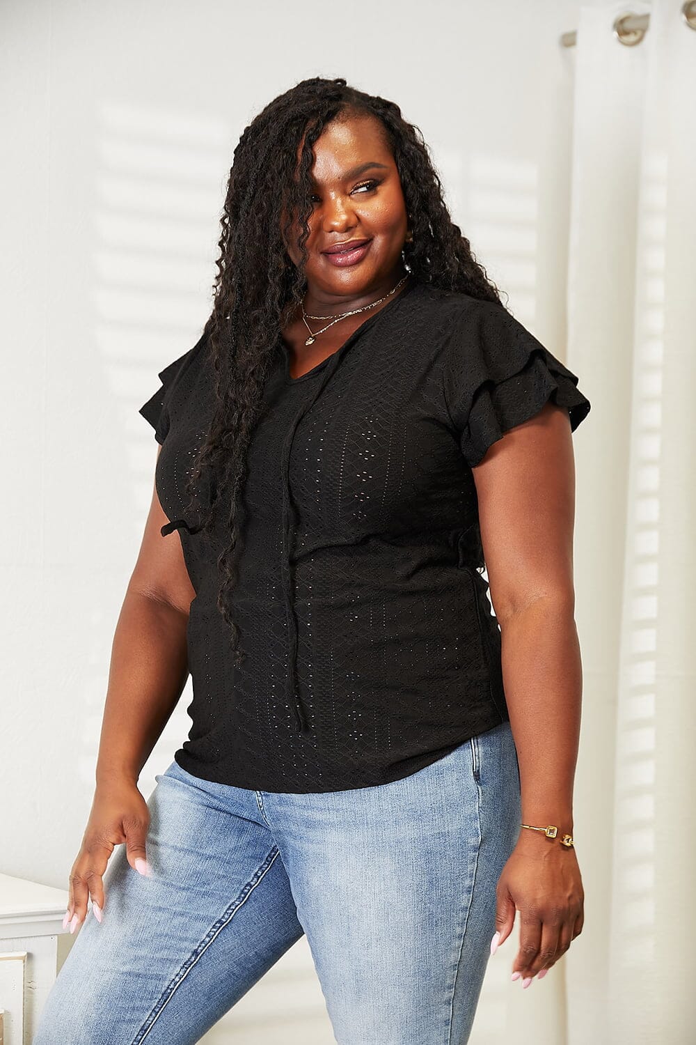 Double Take Black Eyelet Tie-Neck Flutter Sleeve Blouse Top Shirts & Tops jehouze