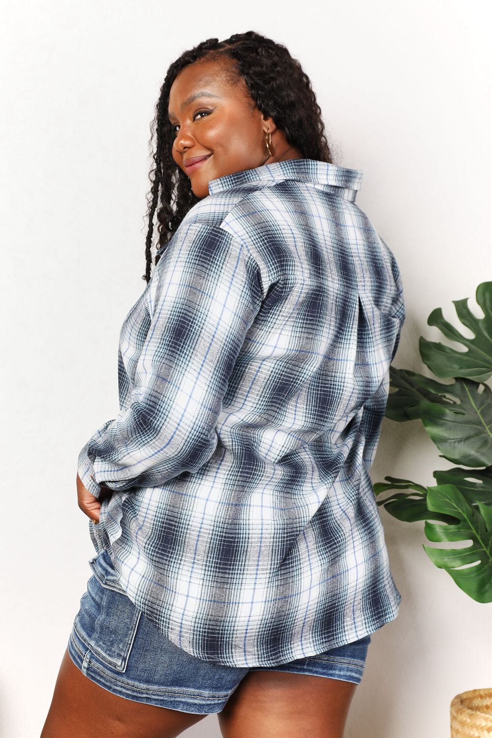 Double Take Plaid Dropped Shoulder Long Sleeves Shirt Shirts & Tops jehouze