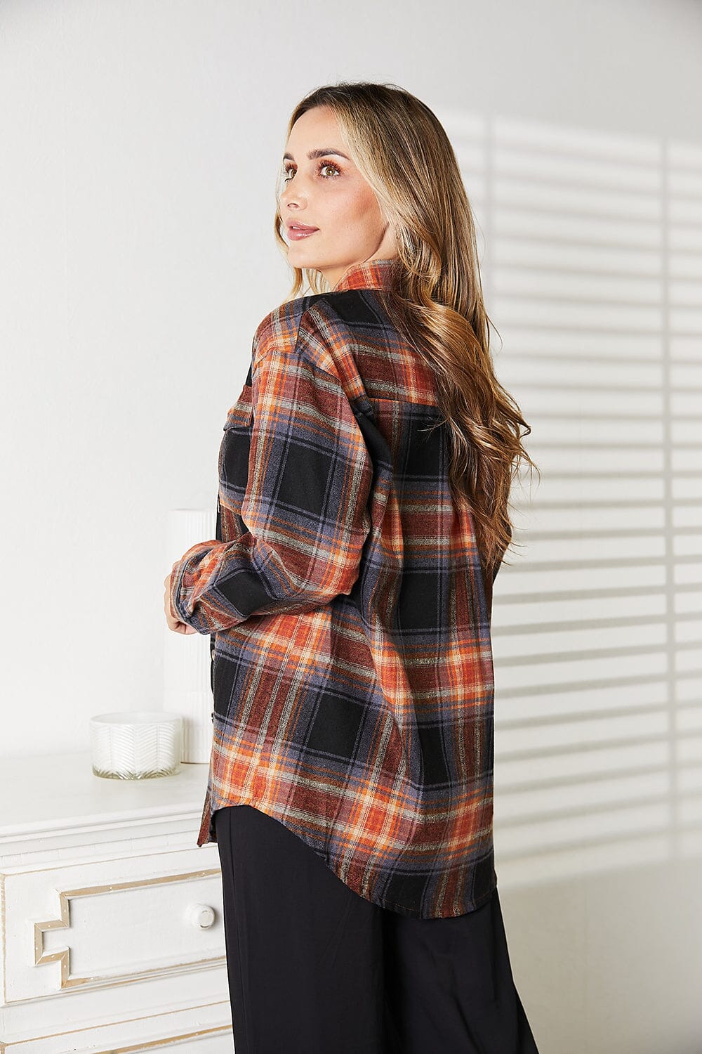 Double Take Plaid Dropped Shoulder Long Sleeves Shirt Shirts & Tops jehouze