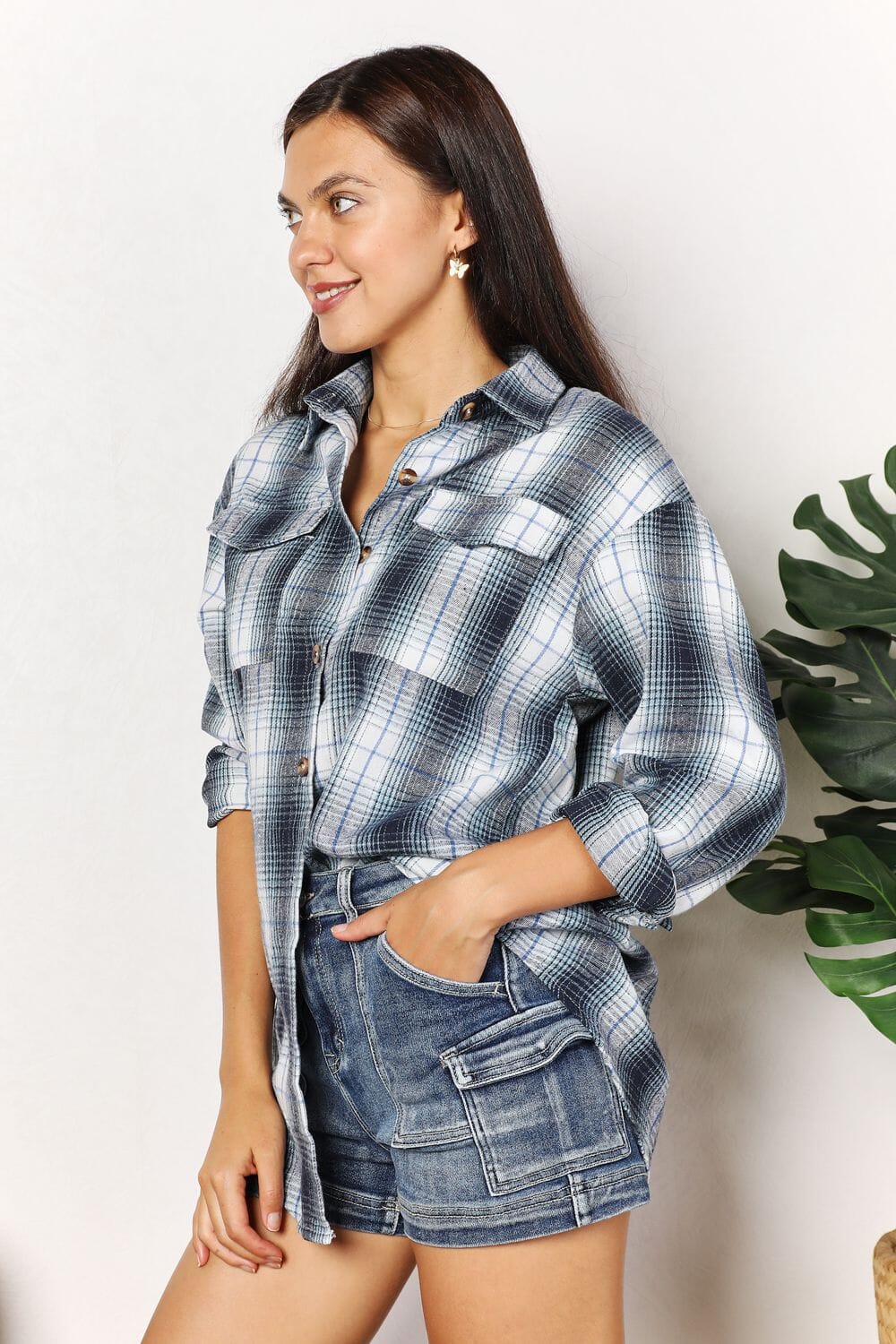 Double Take Plaid Dropped Shoulder Long Sleeves Shirt Shirts & Tops jehouze