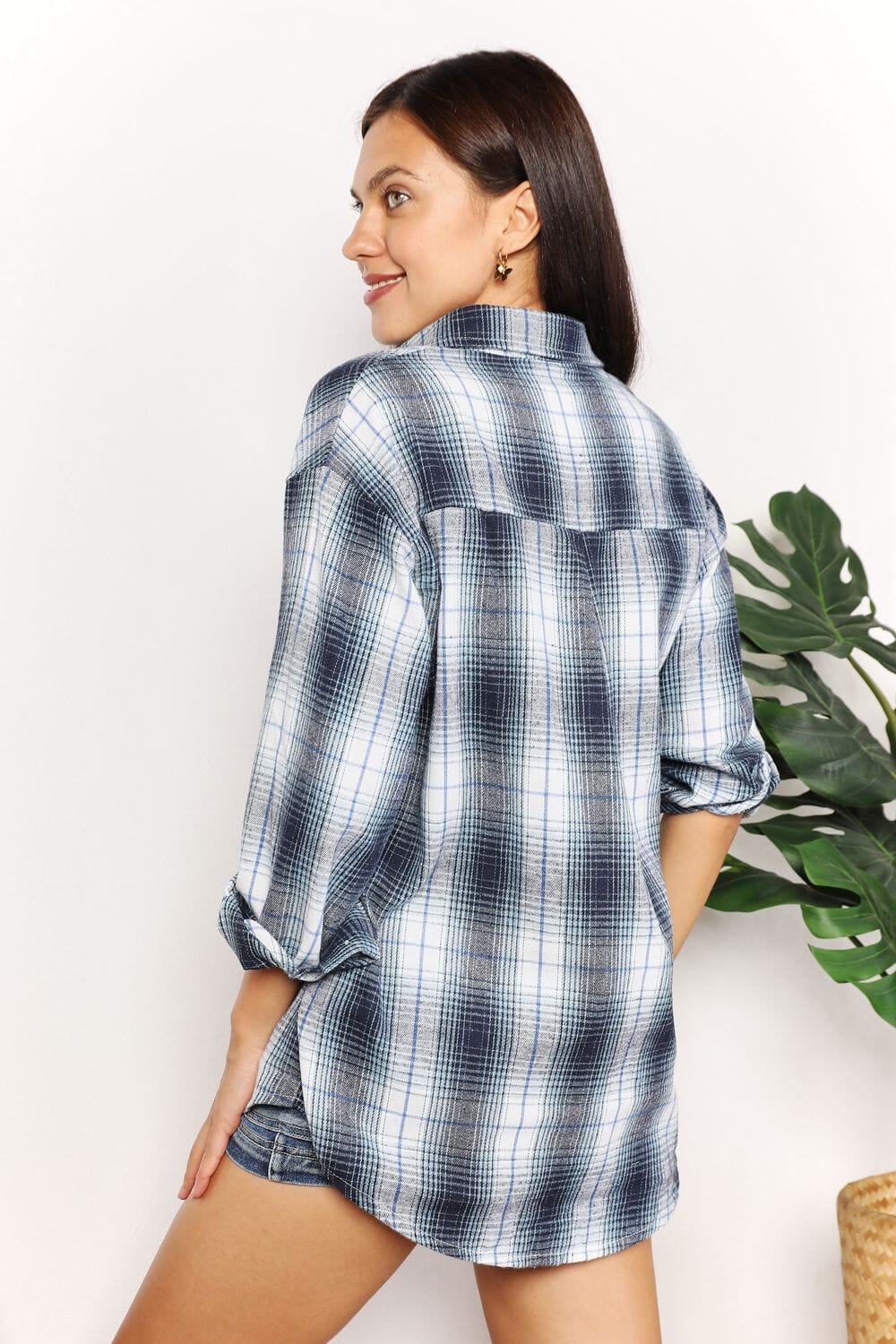 Double Take Plaid Dropped Shoulder Long Sleeves Shirt Shirts & Tops jehouze