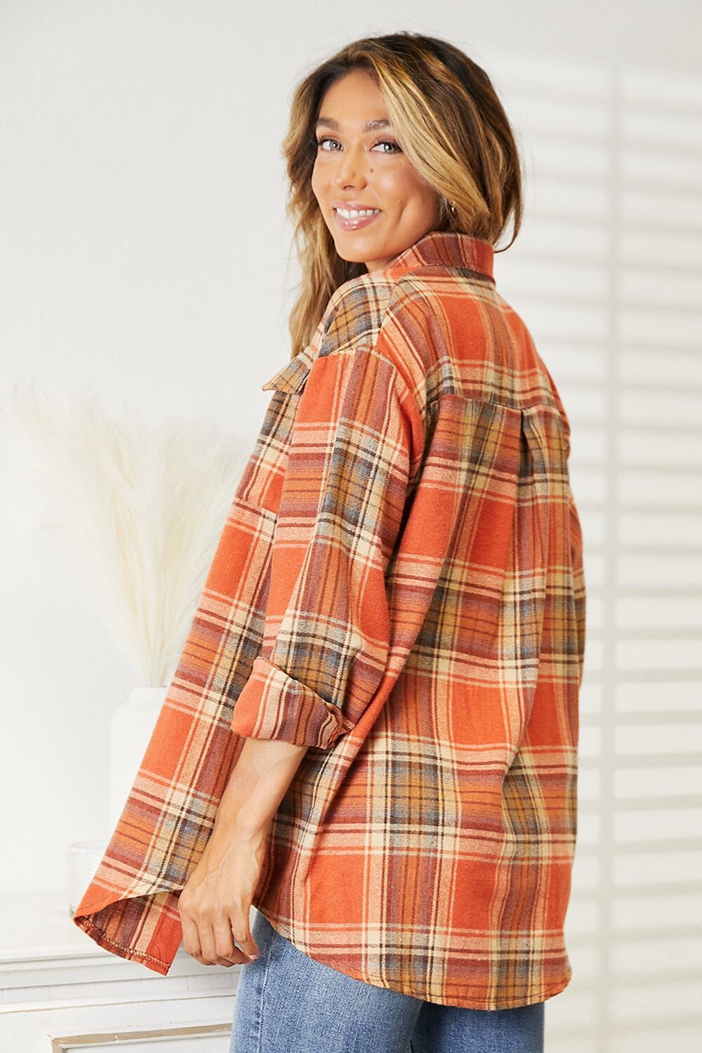 Double Take Plaid Dropped Shoulder Long Sleeves Shirt Shirts & Tops jehouze