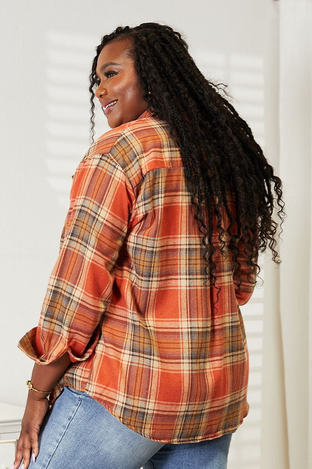 Double Take Plaid Dropped Shoulder Long Sleeves Shirt Shirts & Tops jehouze