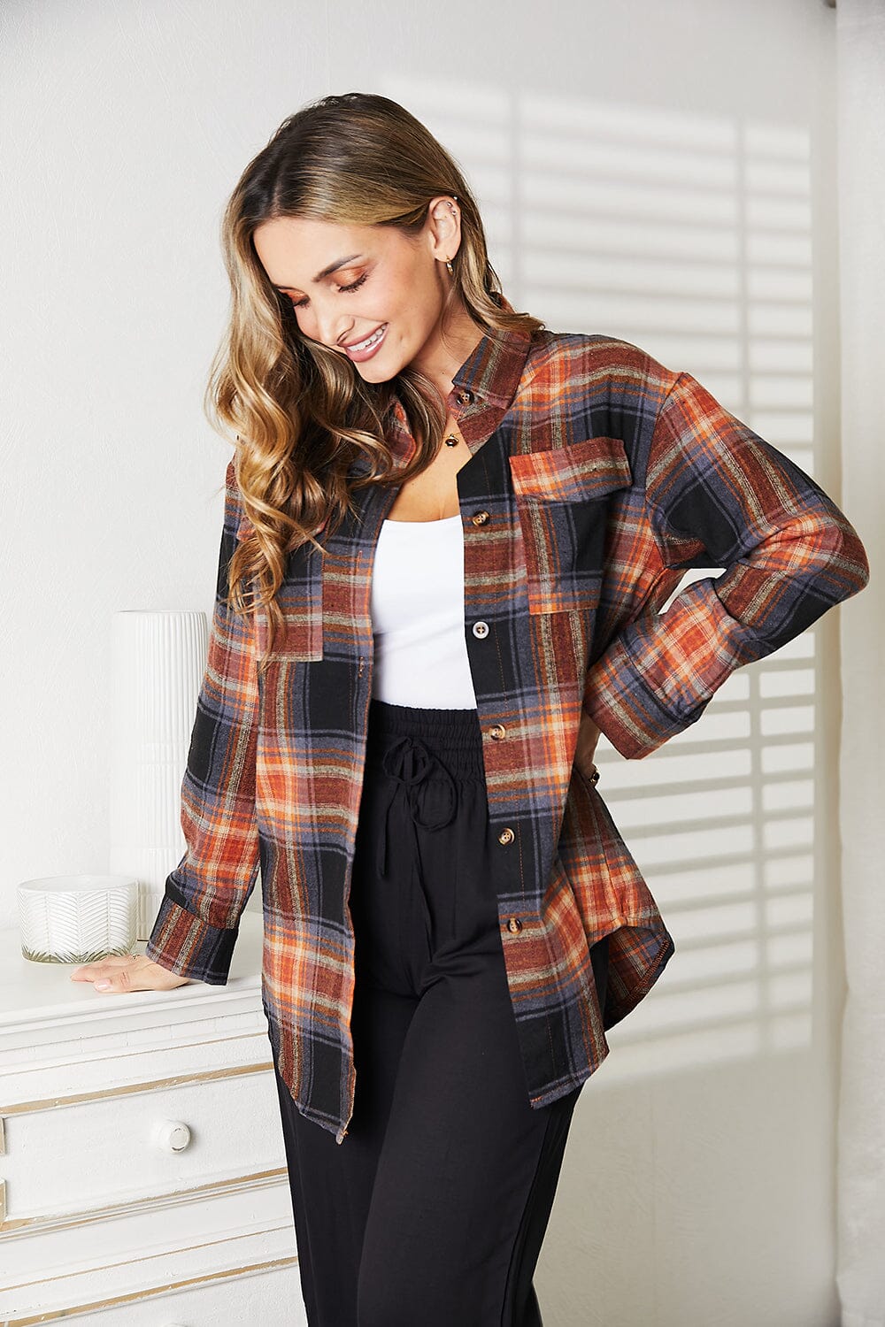 Double Take Plaid Dropped Shoulder Long Sleeves Shirt Shirts & Tops jehouze Khaki/Black S