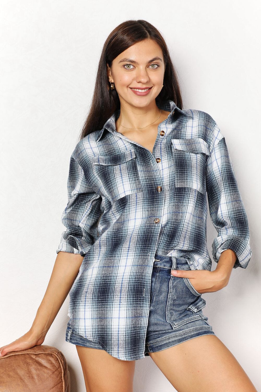 Double Take Plaid Dropped Shoulder Long Sleeves Shirt Shirts & Tops jehouze Sky Blue S