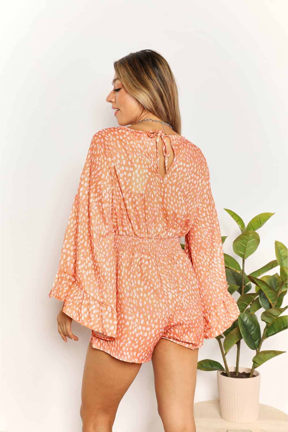 Double Take Printed Long Flare Sleeve Surplice Smocked Short Romper Jumpsuits & Rompers jehouze