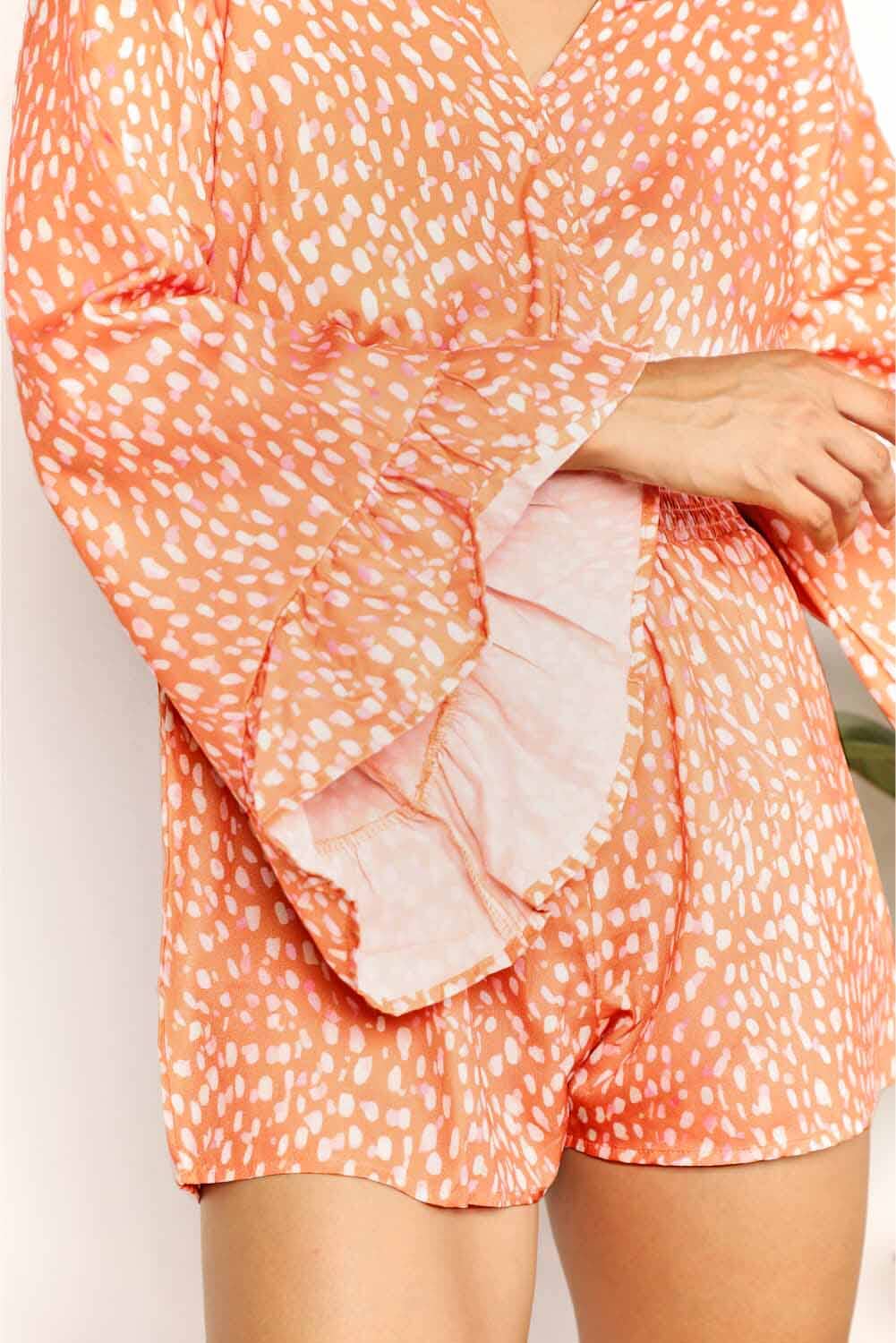 Double Take Printed Long Flare Sleeve Surplice Smocked Short Romper Jumpsuits & Rompers jehouze