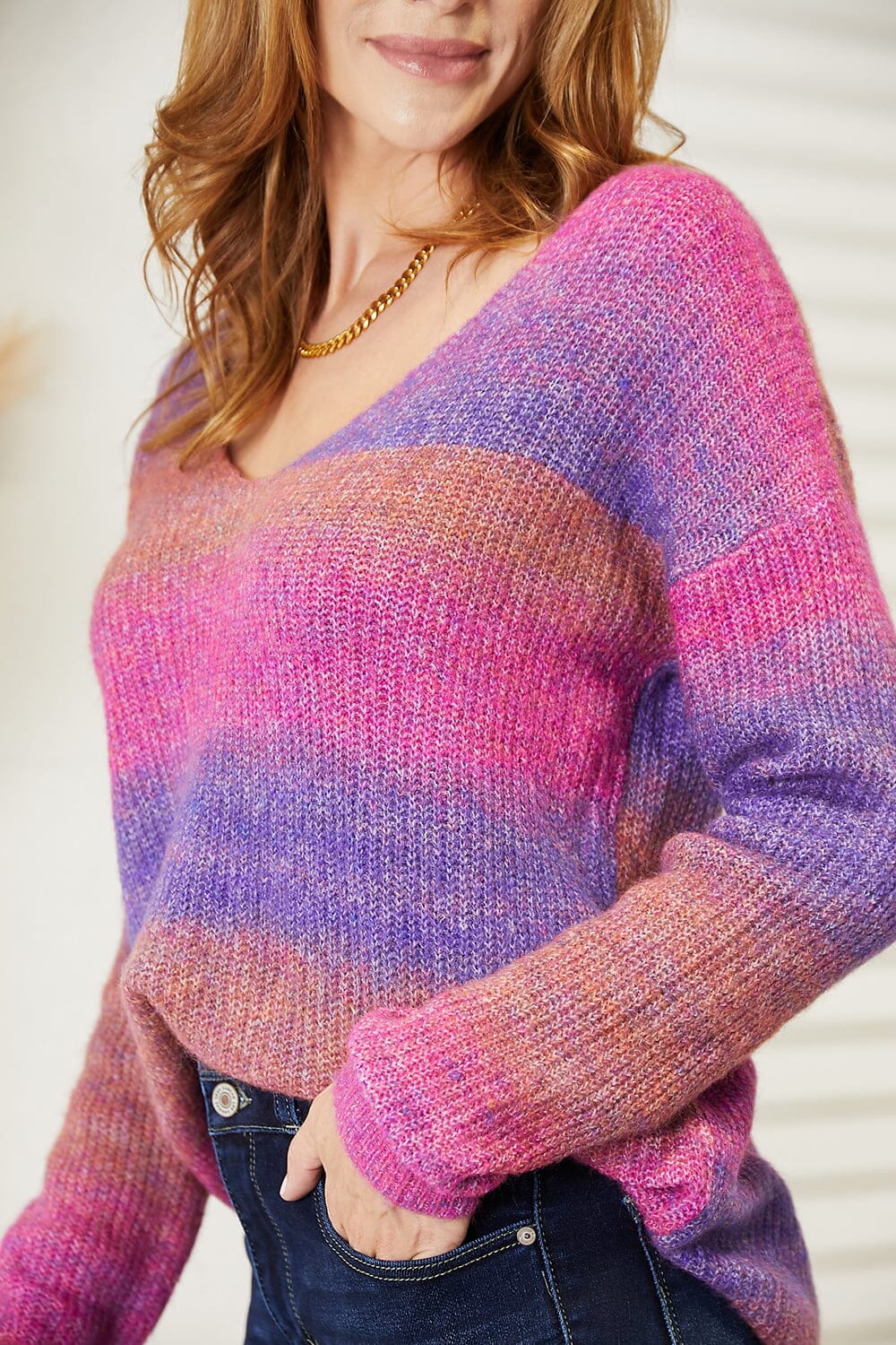 Double Take Purple Pink Multicolored Rib-Knit V-Neck Knit Pullover Top Sweater Shirts & Tops jehouze