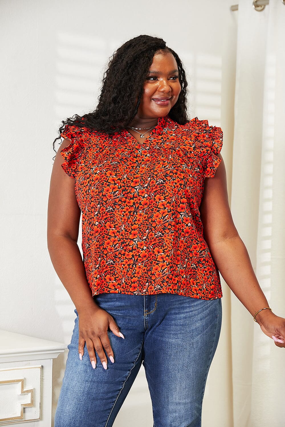 Double Take Red Orange Floral Ruffle Flutter Sleeve Notched Neck Blouse Top Shirts & Tops jehouze