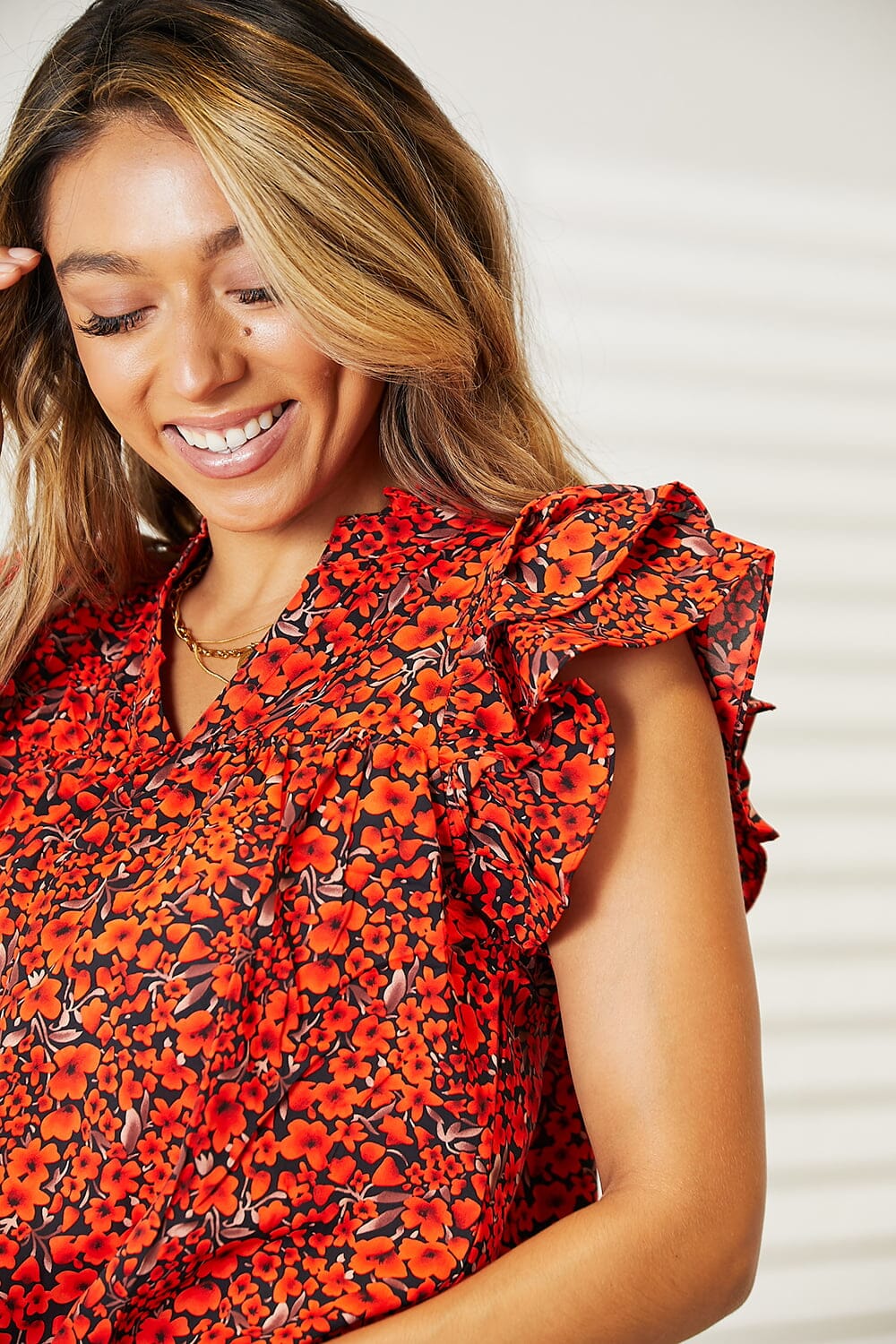 Double Take Red Orange Floral Ruffle Flutter Sleeve Notched Neck Blouse Top Shirts & Tops jehouze