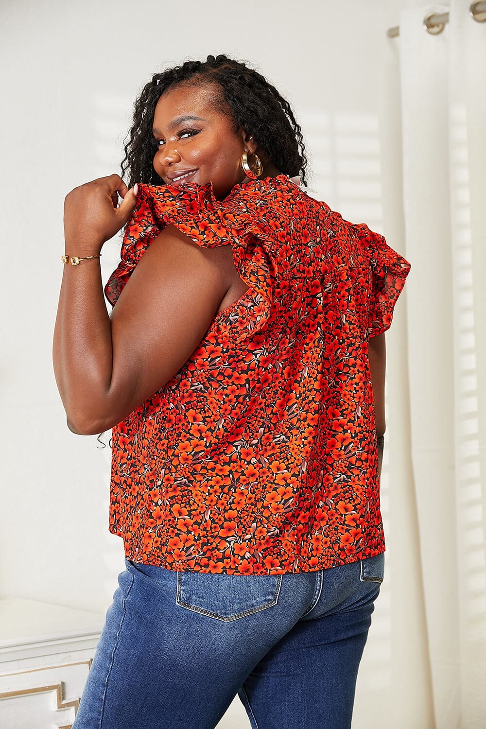 Double Take Red Orange Floral Ruffle Flutter Sleeve Notched Neck Blouse Top Shirts & Tops jehouze