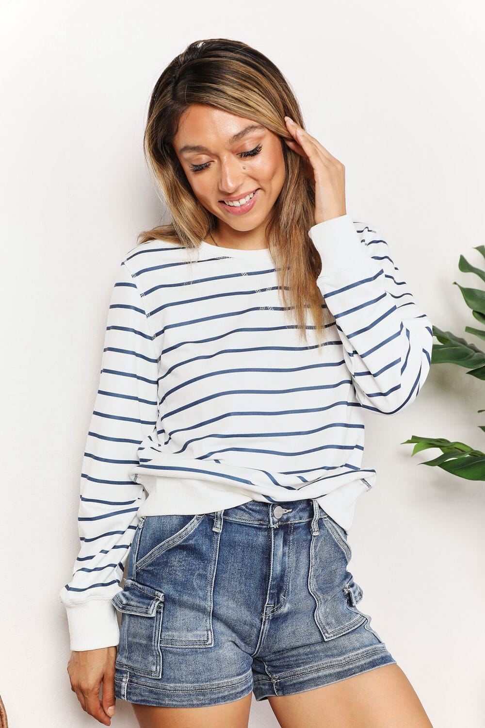 Double Take Striped Round Neck Long Sleeve Round Neck Top Shirts & Tops jehouze