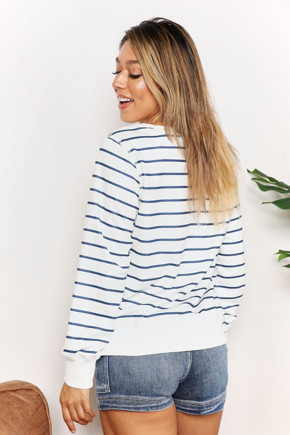 Double Take Striped Round Neck Long Sleeve Round Neck Top Shirts & Tops jehouze
