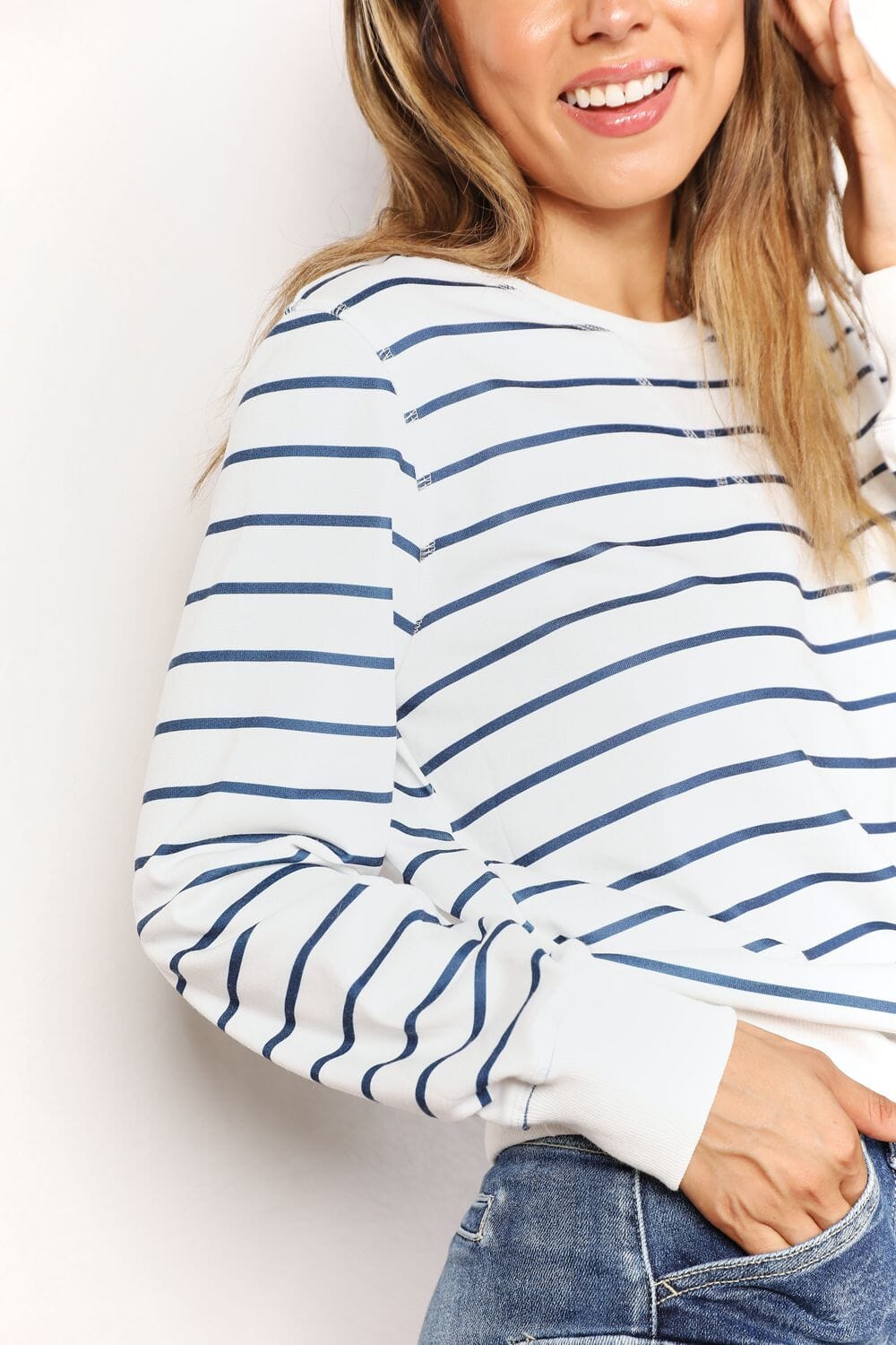 Double Take Striped Round Neck Long Sleeve Round Neck Top Shirts & Tops jehouze