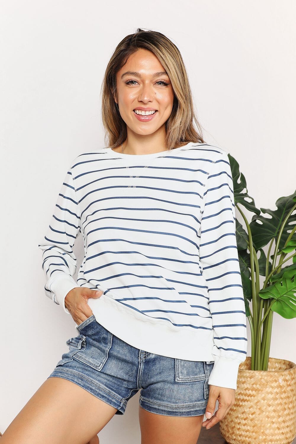 Double Take Striped Round Neck Long Sleeve Round Neck Top Shirts & Tops jehouze Stripe S