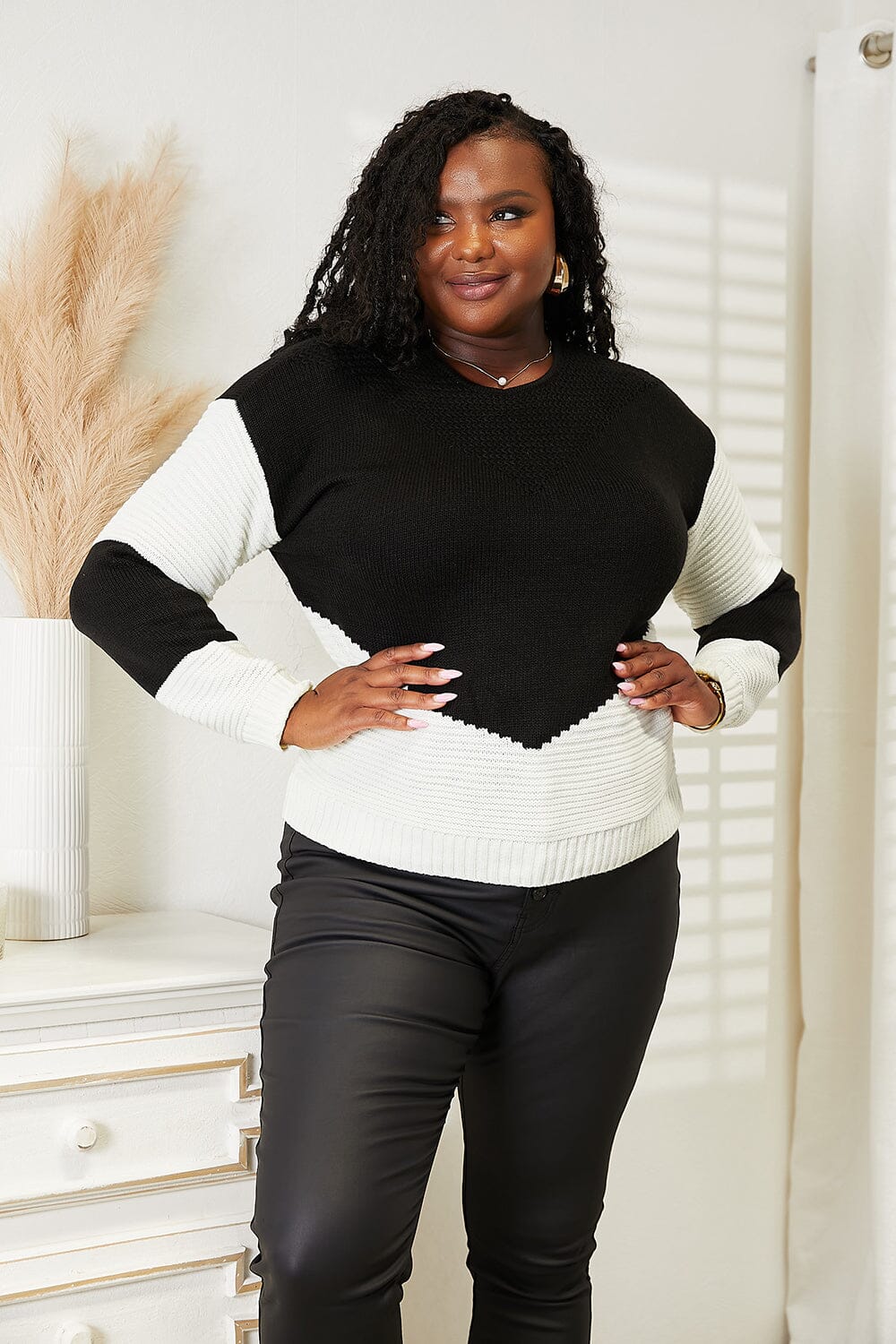 Double Take Two-Tone Black White Openwork Long Sleeve Rib-Knit Sweater Shirts & Tops jehouze