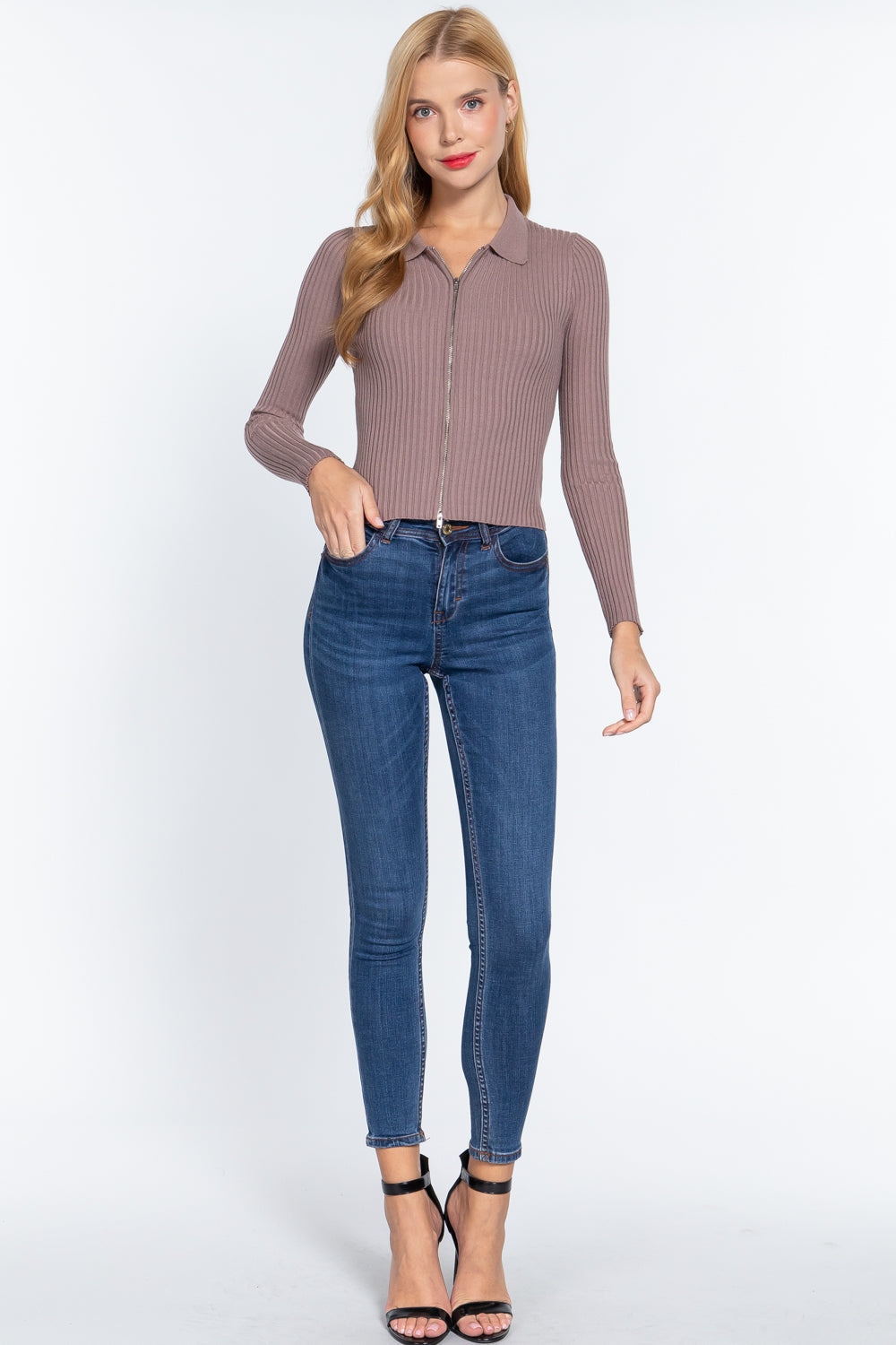 Dusk Mauve Notched Collar Front Zip Long Sleeve Slim Fit Stretchy Knit Sweater Top Shirts & Tops jehouze